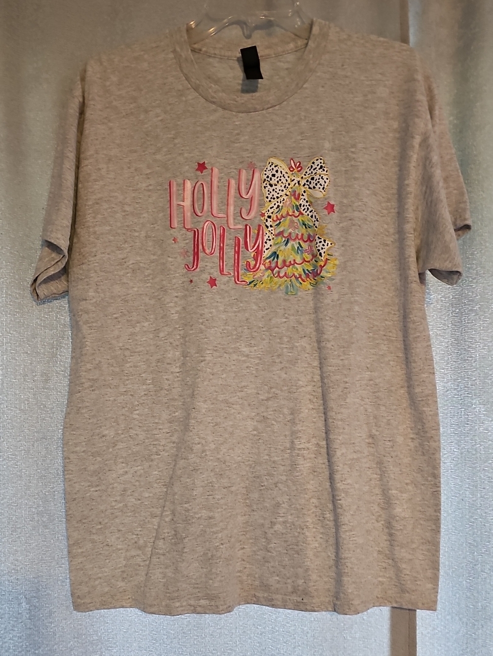 Gildan Gray Tee with Pink 'Holly Jolly' and Multicolor Tree